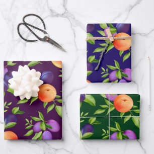 Pfirsiche Pflaumen Lila Niedliches Fruchtmuster Geschenkpapier Set