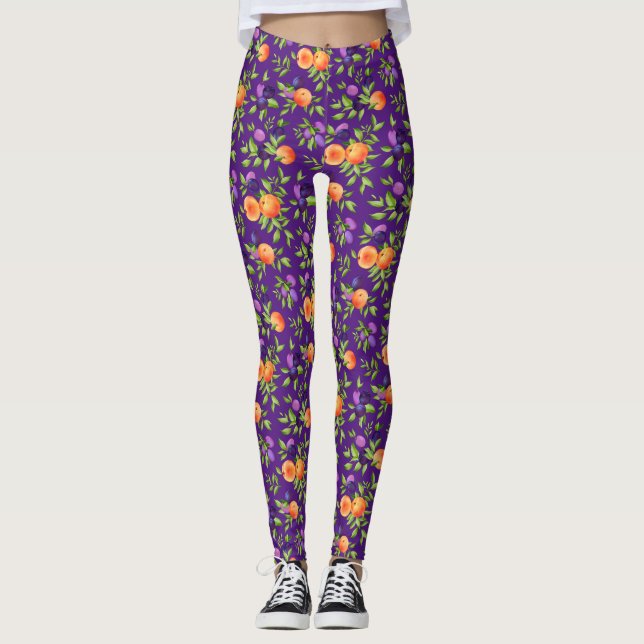 Pfirsiche Pflaumen Lila Niedliches Fruchtmuster Leggings (Vorderseite)