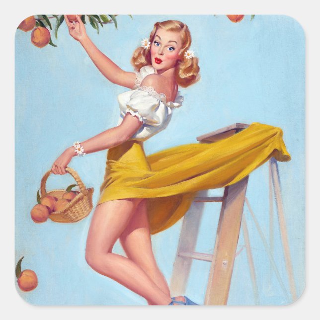 Pfirsiche Pin Up Quadratischer Aufkleber (Vorderseite)