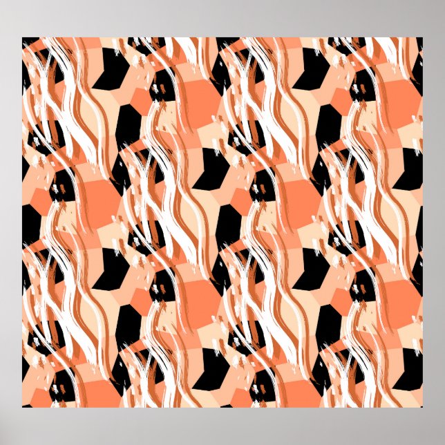 Pfirsiche Schwarz-weißes Abstraktes Muster. Poster (Vorne)