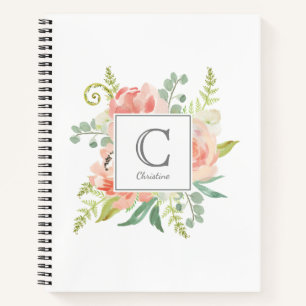 Pfirsiche und cremefarbene Flora mit Monogramm Notizbuch