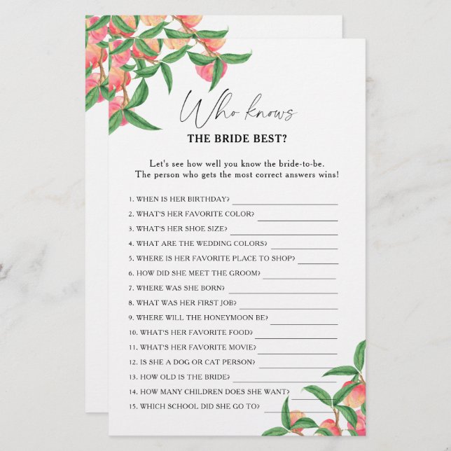 Pfirsiche - Wer kennt das beste Spiel der Braut (Vorne/Hinten)