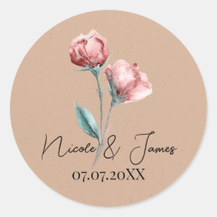 Pfirsichfarbene Beige-Aquarell-Blumenhochzeit Runder Aufkleber