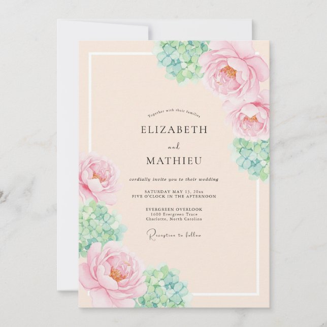 Pfirsichfarbene Florale Hochzeit Einladung (Vorderseite)