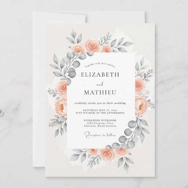 Pfirsichfarbene harmonische botanische Hochzeit Einladung (Vorderseite)