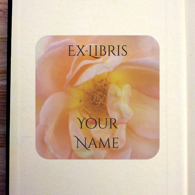 Pfirsichfarbene Rosen-Exlibris Quadratischer Aufkleber (Peach-Colored Rose Bookplate in Old Book)