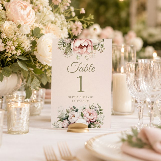 Pfirsichfarbene und rosafarbene Hochzeitsstimmung  (Blush & Ivory Peony Wedding Table Number)