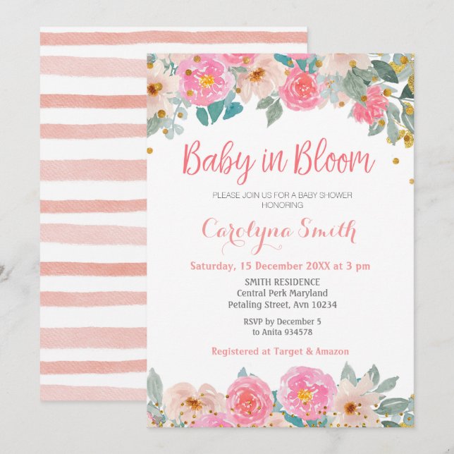 Pfirsichgrüne Baby in Bloom Einladung (Vorne/Hinten)