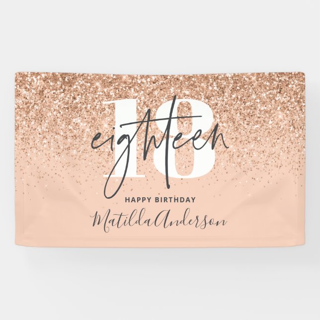 Pfirsichmädchen moderner Glitzer schick 18 Geburts Banner (Horizontal)