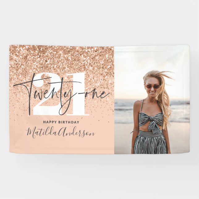 Pfirsichmädchen moderner Glitzer schick 21 Geburts Banner (Horizontal)