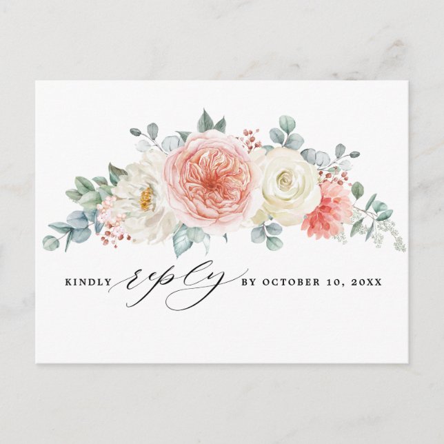 Pfirsichpastel Pink Floral Wedding RSVP Postkarte (Vorderseite)
