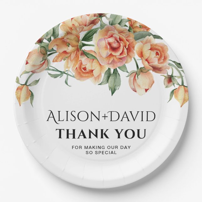 Pfirsichpfirsichhochzeit, Blume und Typografie Pappteller (Vorderseite)