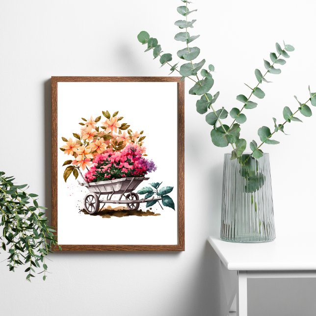 Pfirsichrosa Blume in Weißraderegalie Poster (Peach Pink Flowers in Wheelbarrel Watercolor Art poster.)