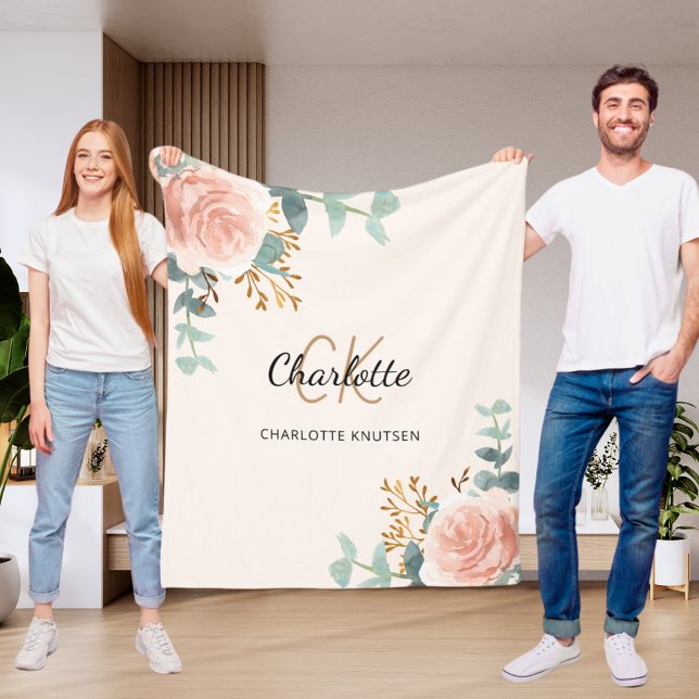 Pfirsichrosa Blumengrün, Monogramm Fleecedecke (Von Creator hochgeladen)