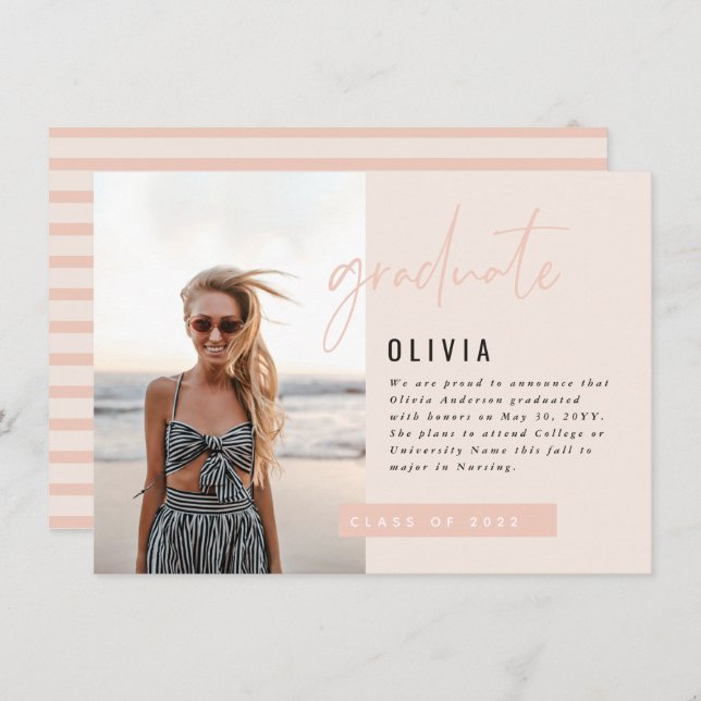 Pfirsichrosa-Drehbuch Foto Moderner Abschluss Einladung (Vorne/Hinten)