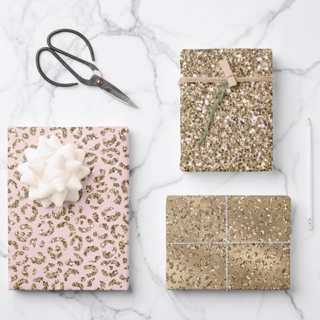 Pfirsichrosa Glitzer Gold Leopard Print        Geschenkpapier Set (Vorderseite)