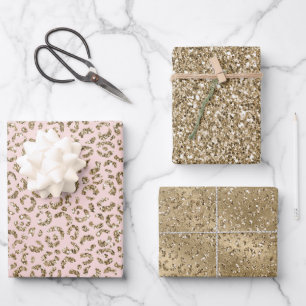 Pfirsichrosa Glitzer Gold Leopard Printwerbung     Geschenkpapier Set