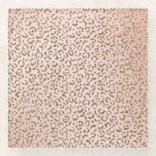 Pfirsichrosa Glitzer Gold Leopard Printwerbung   Glasuntersetzer (Vorderseite)