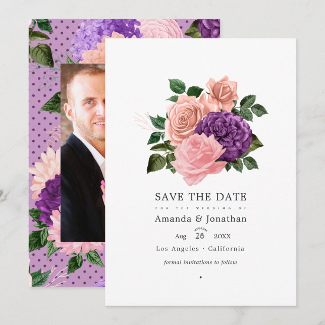 Pfirsichrosa und Lavendel Lila Blumenhochzeit Save The Date (Vorne/Hinten)