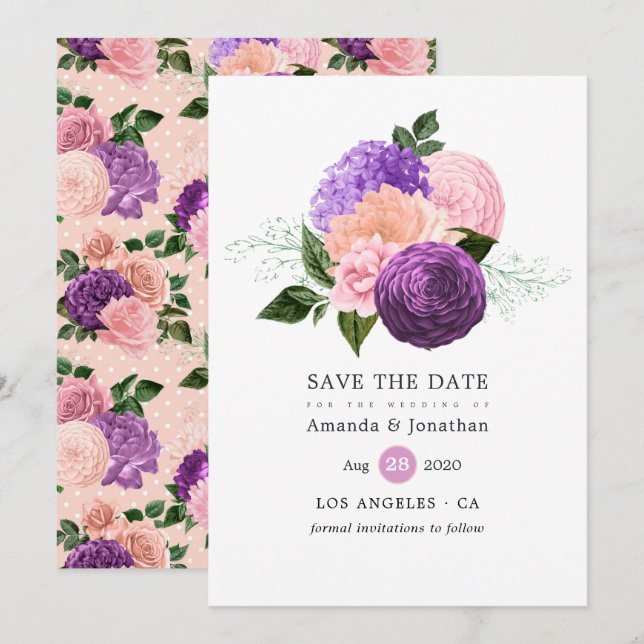 Pfirsichrosa und Lavendel Lila Blumenhochzeit Save The Date (Vorne/Hinten)