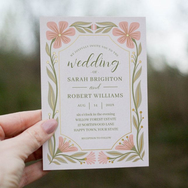 Pfirsichrosa und Salbei grün Jugendstil Wilde Blum Folieneinladung (Beautifully illustrated gold foil wedding invitations inspired by Art Nouveau style. Original art.)