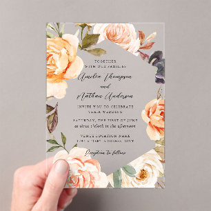 Pfirsichrote moderne botanische Blumenhochzeit Acryleinladungen