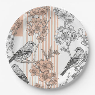 Pfirsichstreifen Blumen-Vogel Elegant (1) Pappteller