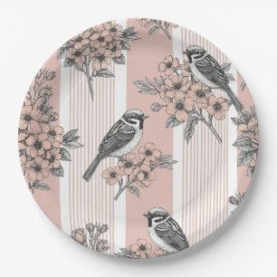 Pfirsichstreifen Blumen-Vogel Elegant (2) Pappteller