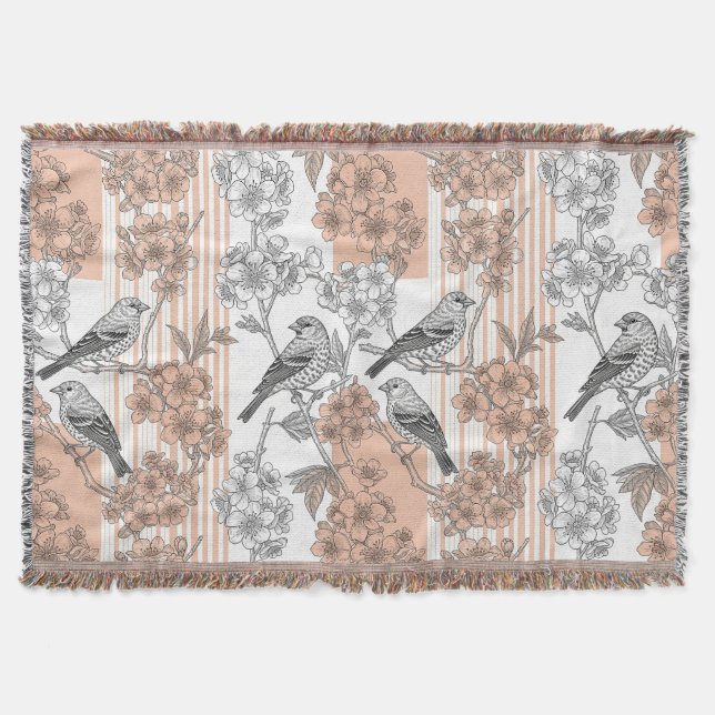 Pfirsichstreifen Blumenmuster Vogel Elegant (1) Decke (Vorderseite)
