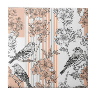 Pfirsichstreifen Blumenmuster Vogel Elegant (1) Fliese