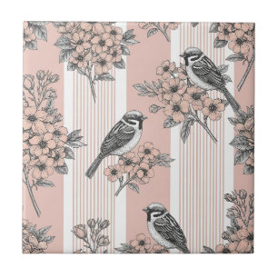 Pfirsichstreifen Blumenmuster Vogel Elegant (2) Fliese