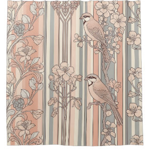 Pfirsichstreifen Blumenmuster Vogel Elegant (3) Duschvorhang