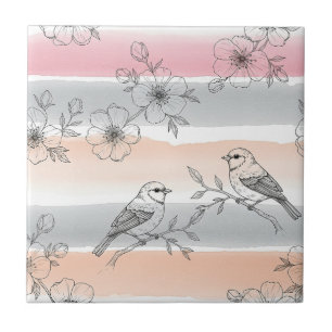 Pfirsichstreifen Blumenmuster Vogel Elegant (6) Fliese