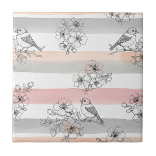 Pfirsichstreifen Blumenmuster Vogel Elegant (7) Fliese