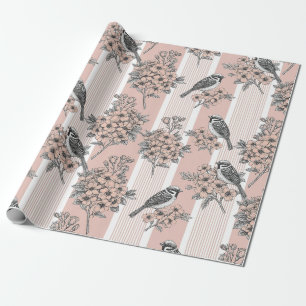 Pfirsichstreifen Blumenmuster Vogel Elegant (7) Geschenkpapier