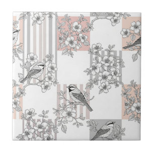 Pfirsichstreifen Blumenmuster Vogel Elegant (9) Fliese