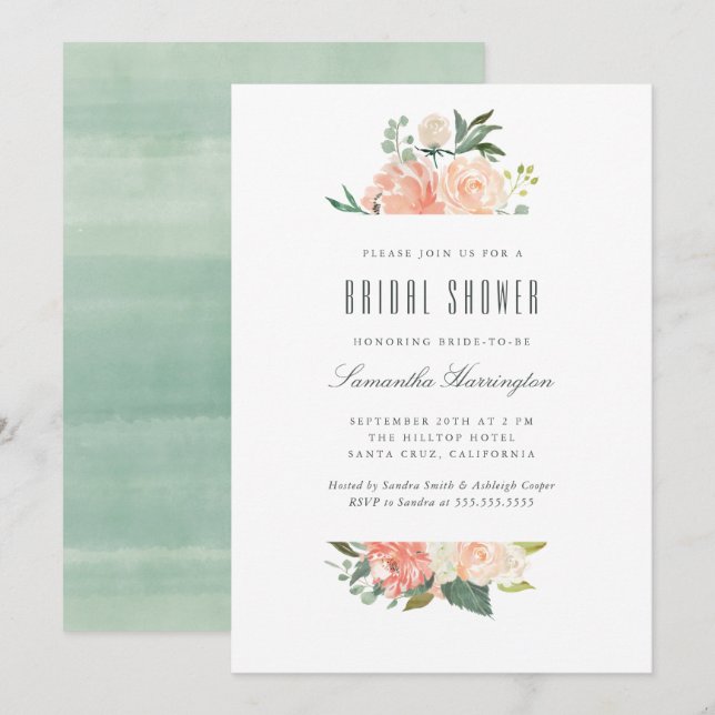 Pfirsichu. Cremewatercolor-BlumenBrautparty Einladung (Vorne/Hinten)
