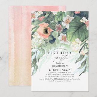 Pfirsichweiß und rosa Blüten Bohemisch Geburtstag Einladung