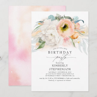 Pfirsichweiß und rosa Blüten Bohemisch Geburtstag Einladung