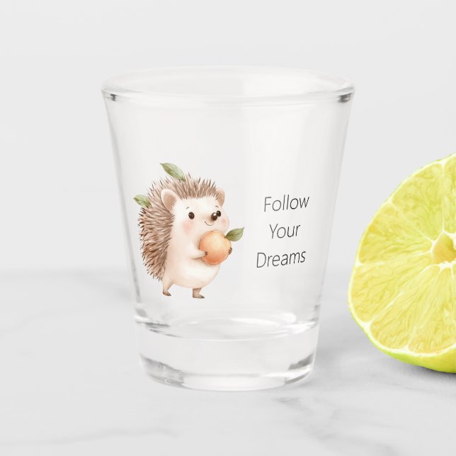 Pfirsig-Igel grüne Blätter Träume Schnapsglas (Vorderseite)