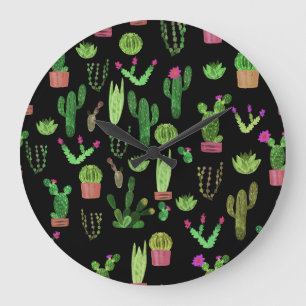Pflanze Aquarellkaktuspflanzen Nahtloser Hintergru Große Wanduhr