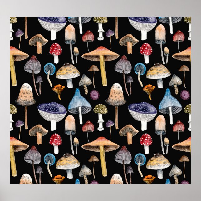 Pflanze: Aquarellpilze, Blätter pattern Poster (Vorne)