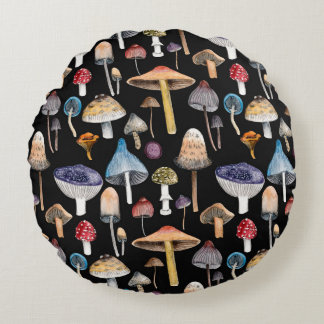 Pflanze: Aquarellpilze, Blätter pattern Rundes Kissen