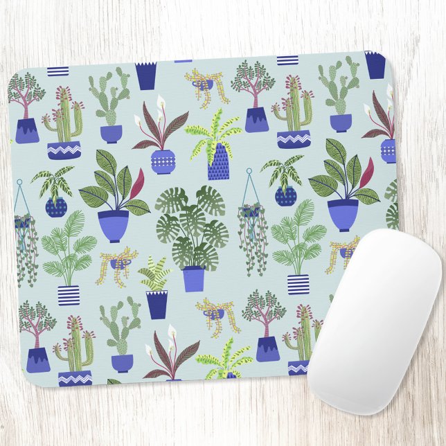 Pflanze Cactus succulent Blue Mousepad (Houseplant cactus and succulent pattern modern plant themed mouse mat)