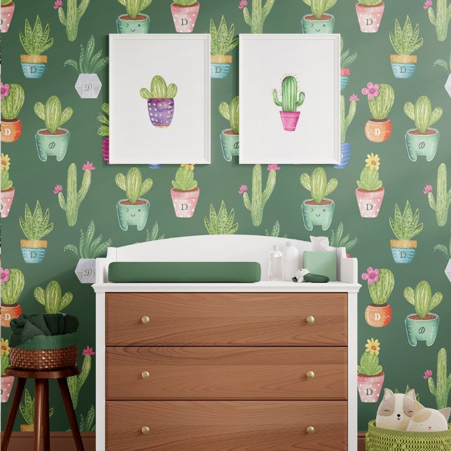 Pflanze für den farbigen gepolsterten Kakteen, ben Tapete (Fun Colorful Potted Cactus Plants Custom Monogram Wallpaper)