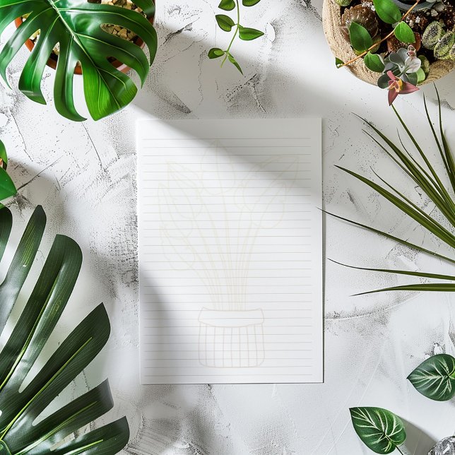 Pflanze im Haus, mit getöpfter Pflanze ausgekleide Notizblock (Minimalist lined writing paper with subtle plant basket illustration and modern design.)
