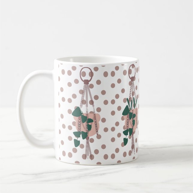 Pflanze im niedlichen Haus und Punkte, die Macrame Kaffeetasse (Links)