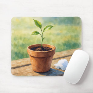 Pflanze in einem Tongefäß mit Schneehaufen Mousepad