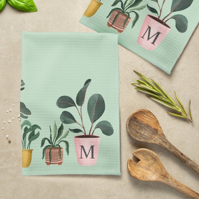 Pflanze Lover Chic Watercolor Potcolor Pflanze Mon Geschirrtuch (Plant Lover Chic Watercolor Potted Plants Monogram Kitchen Towel)