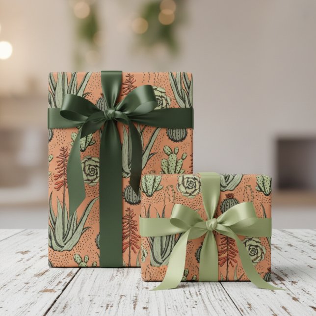 Pflanze Lover Orange Aloe Vera Succulents Cactus Geschenkpapier (Botanical Aloe Vera Plant Wrapping Paper 4 Plant Nature Lover. Green Aloe & Cactus Southwest Pattern)
